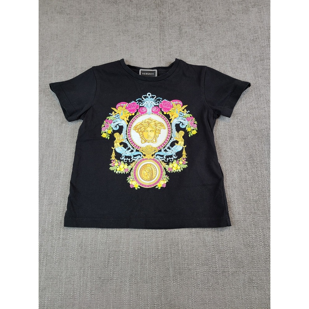 Versace Shirt Kids Unisex 4 Black Graphic Medusa Tee Short Sleeve Designer - Picture 2 of 8
